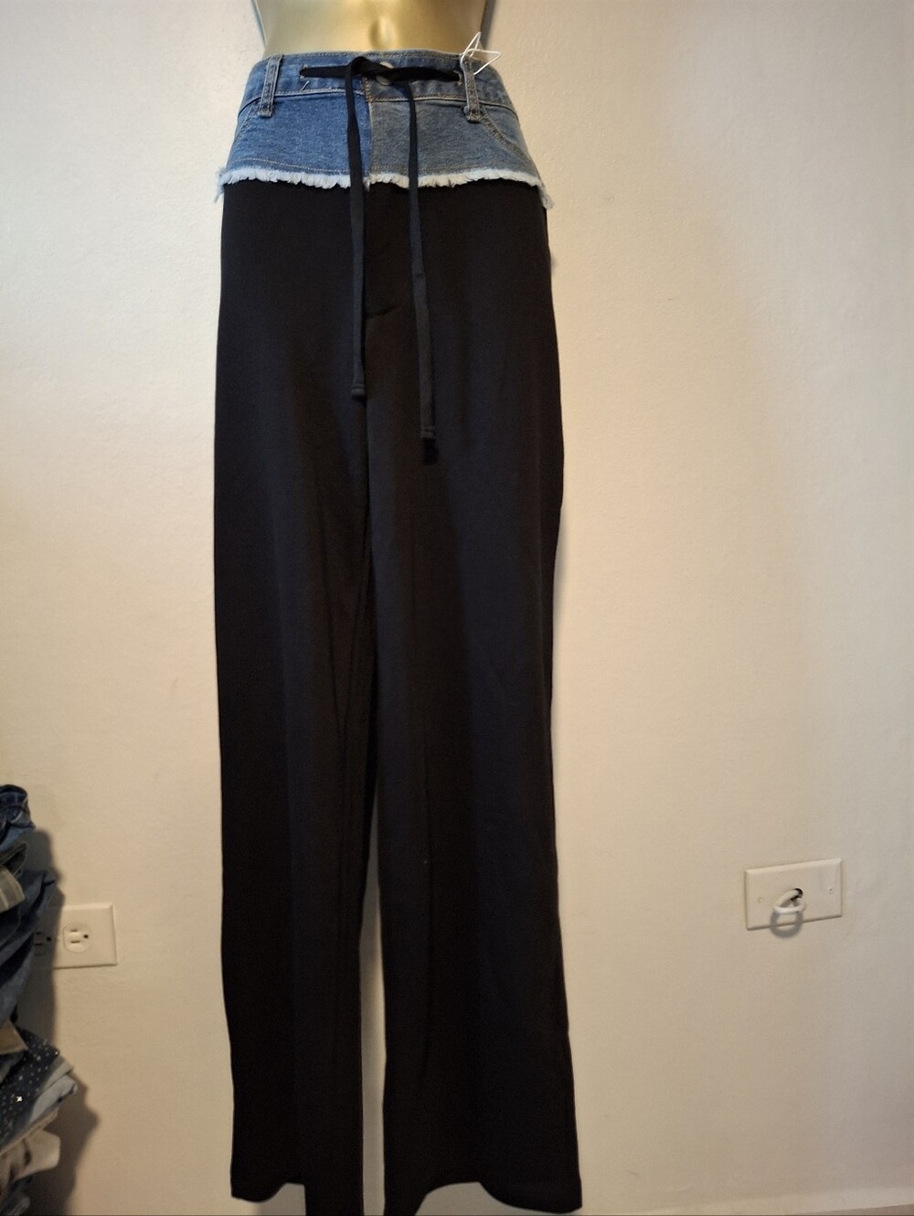 Black Wide-Leg Pants with Denim Waistband - Picture 1 of 2